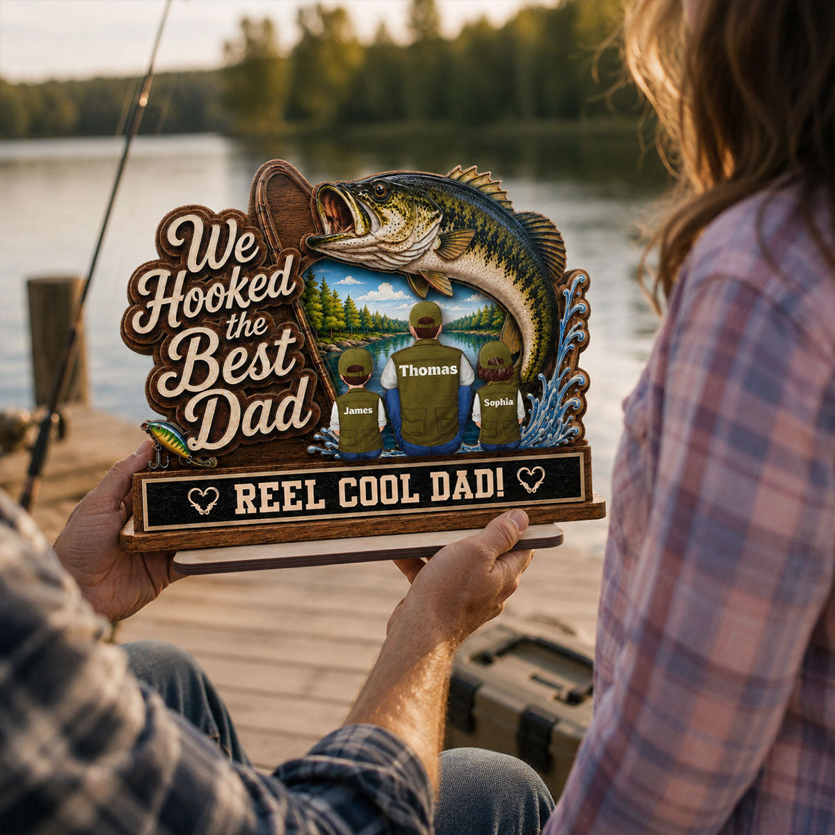 We Hooked The Best Dad Grandpa Back View 2D Flat - Personalized 2-Layered Wooden Plaque -  Gift For Fishing Lovers