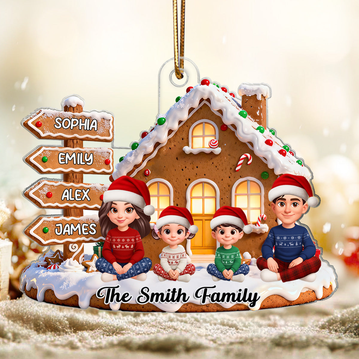 3D Effect Christmas Gingerbread Cake House Beautiful Family Together - Personalized Acrylic Ornament