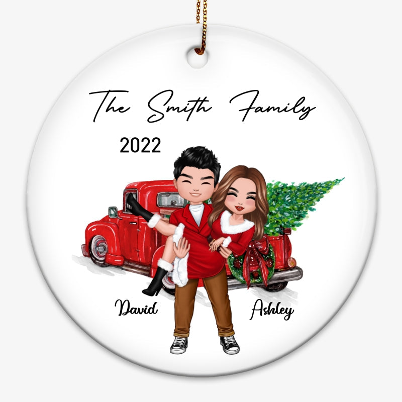Christmas Truck Man Holding Woman Doll Couple Personalized Circle Ornament