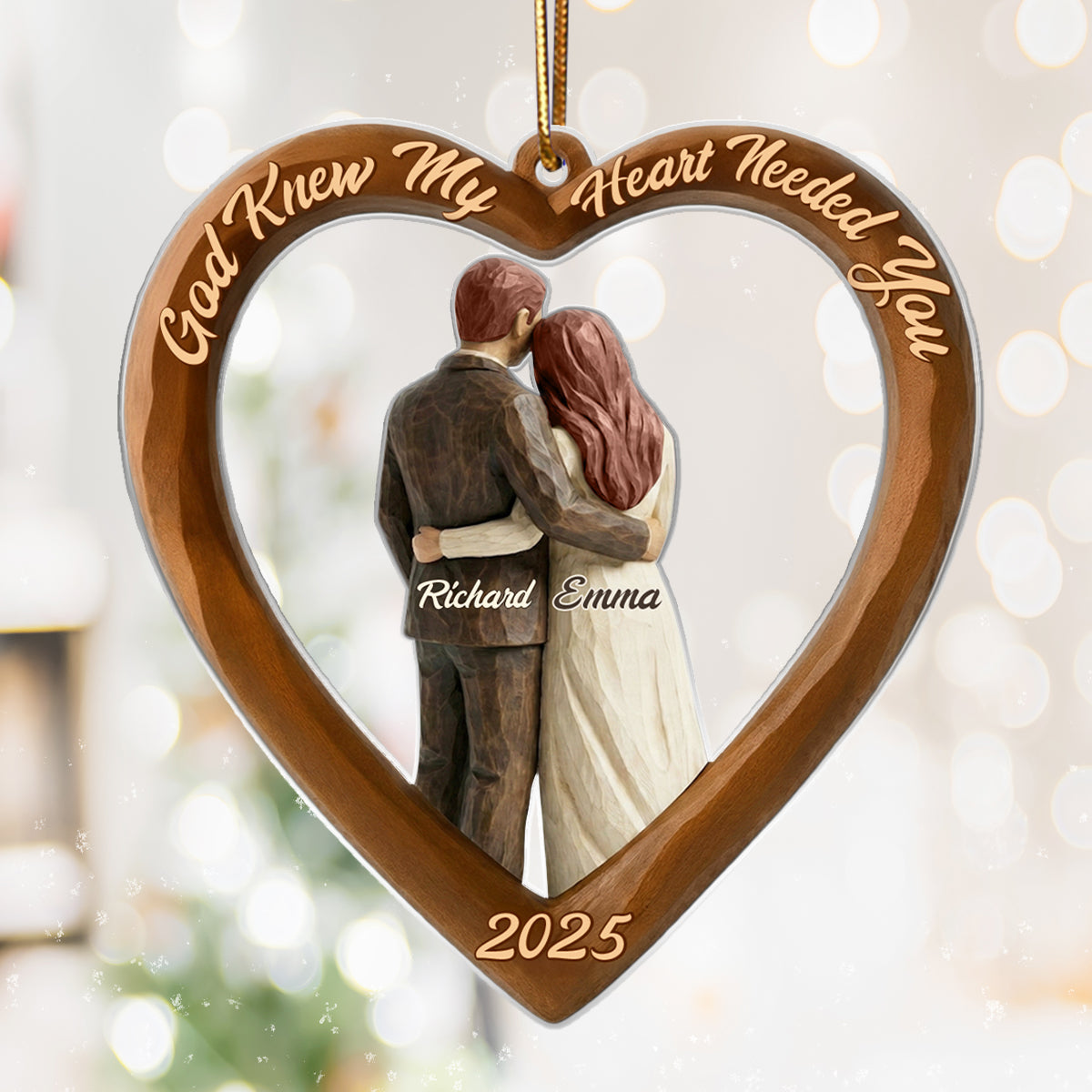 Couple Heart Christmas Faux Wood - Personalized Acrylic Ornament - Unique Christmas Gift For Grandma, Grandpa, Old Couple