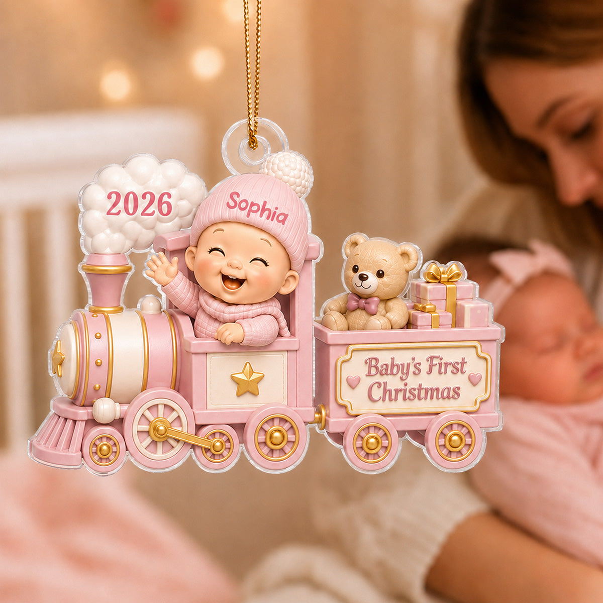Baby First Christmas On Toy Train 2D Flat - Personalized Acrylic Ornament
