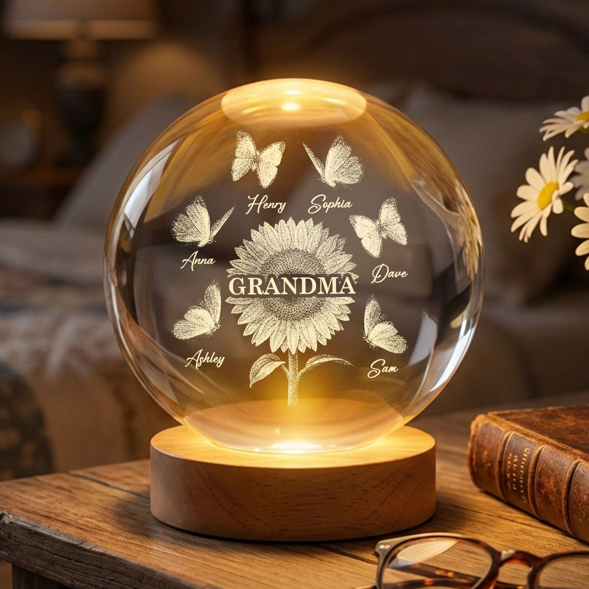 Sunflower Grandma Grandkids - Personalized Crystal Ball LED Night Light - Mother's Day Gift For Grandma