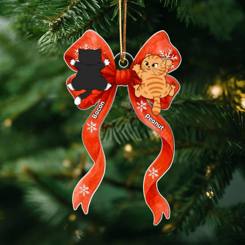 Cat Climbing Christmas Coquette - Personalized Acrylic Ornament - Christmas Gift for Cat Lovers