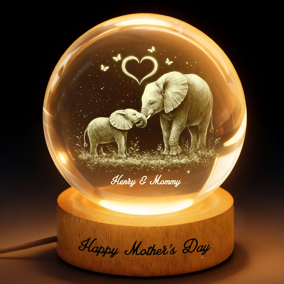 Elephant Mom and Kids - Personalized Crystal Ball LED Night Light - Heartfelt Mother's Day Gift for Mom