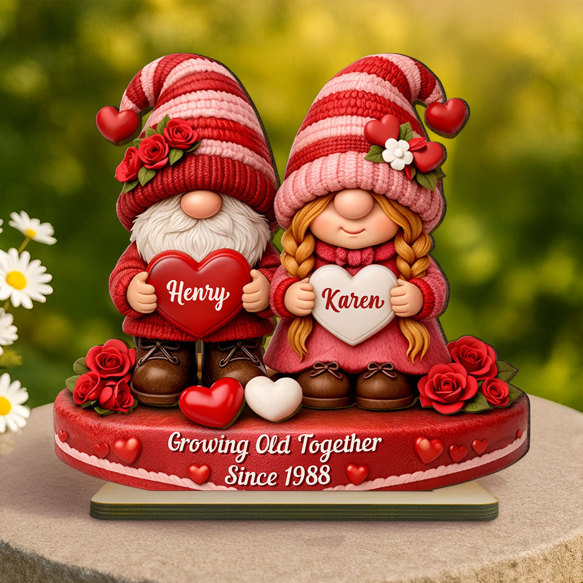 Romantic Gnome Couple - Personalized Standing Wooden Plaque - Gift for Couple