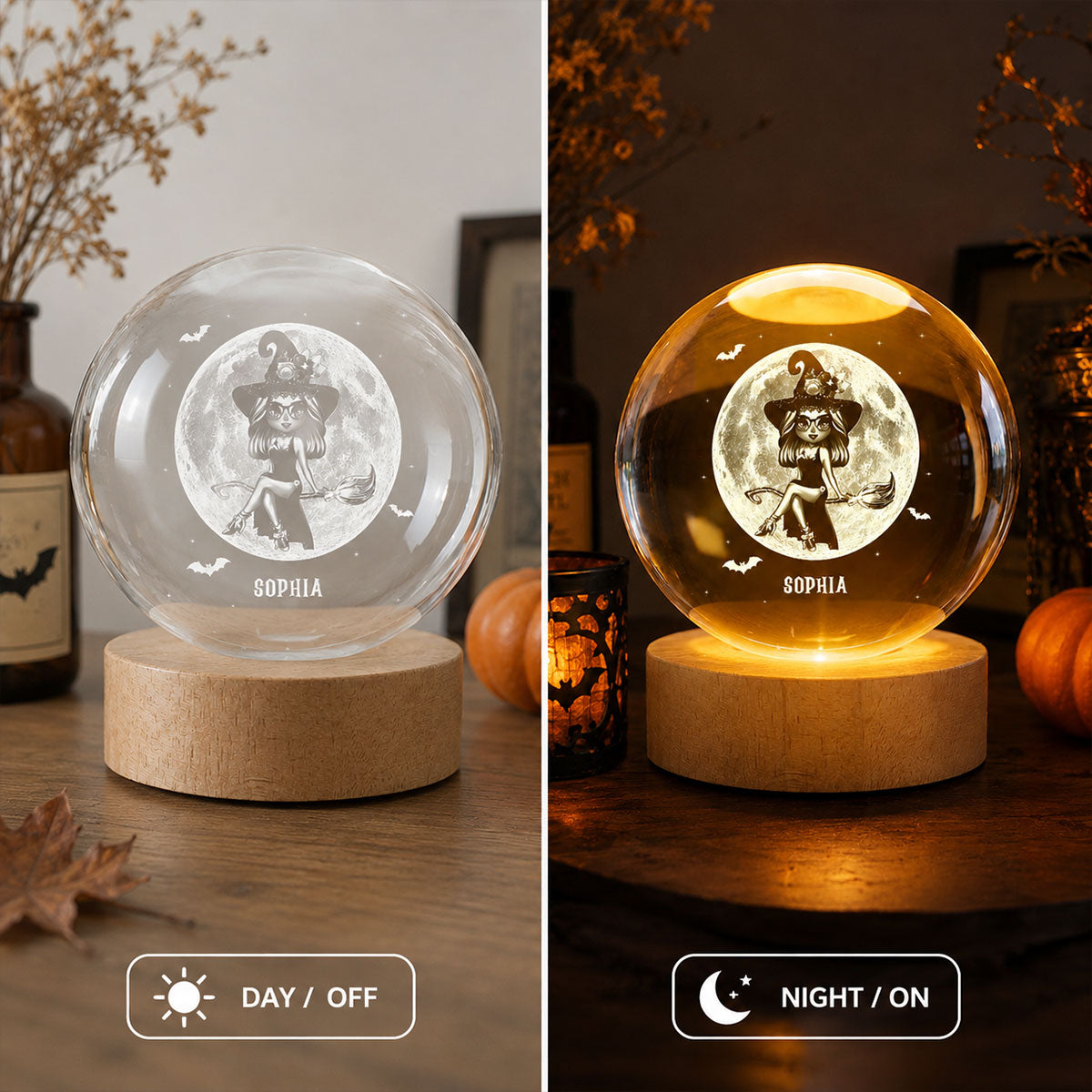 Witch On Broom Under Moon - Personalized Crystal Ball Night Light - Halloween Decor, Wicca Pagan Decor For Witches