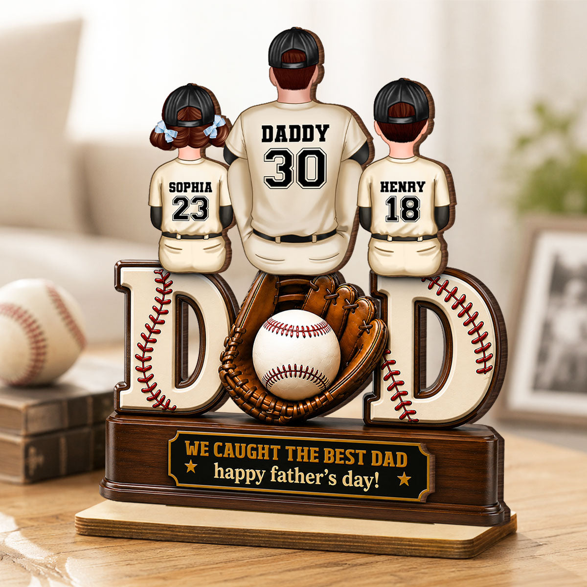 Dad And Children Baseball Gloves - Personalized 2-Layered Wooden Plaque -  Gift for Dad, Husband