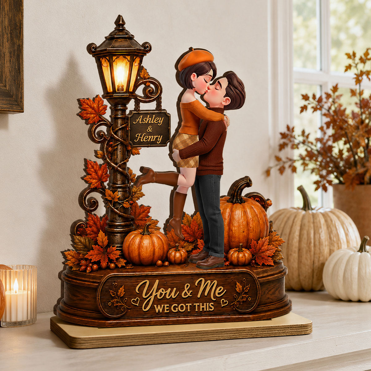 Couple Hugging Under Lamp Post Fall Season - Personalized 2-Layered Wooden Plaque - Heartfelt Gift for Her, for Him