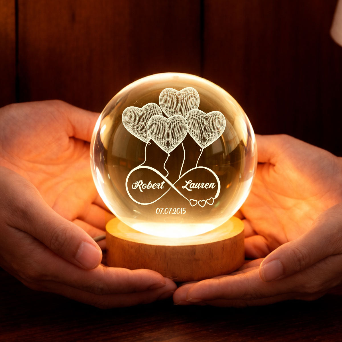 Couple Infinity Love Heart Balloon - Personalized Crystal Ball LED Night Light - Sentimental Gift for Her, for Him, Couple Keepsake