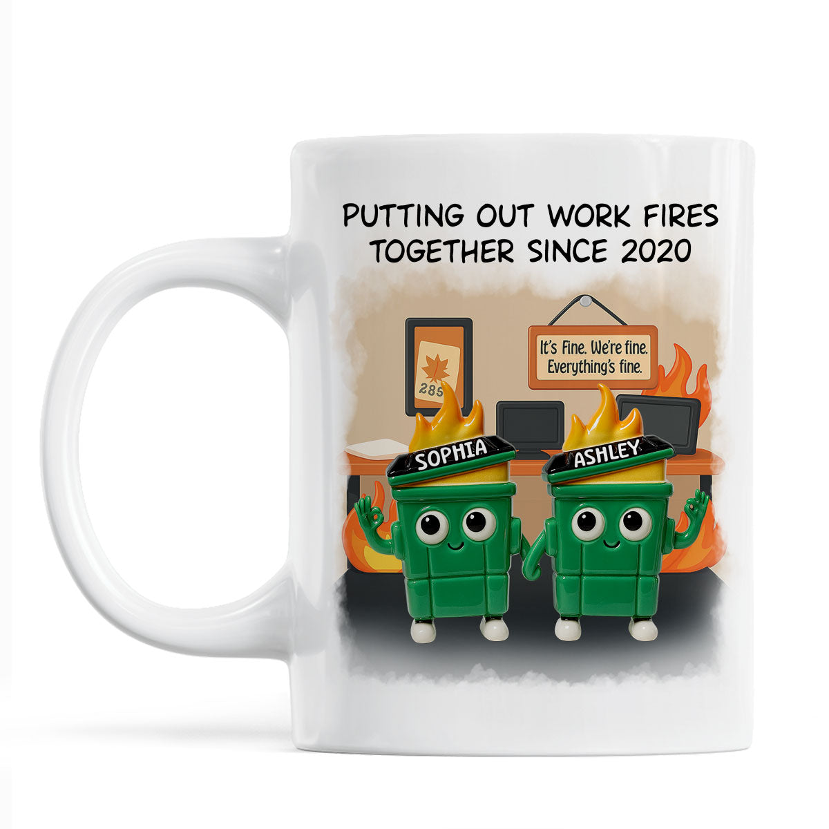 3D Effect Dumpster Fires In Office Scene - Personalized Mug - Funny Gift For Colleagues, Work Besties