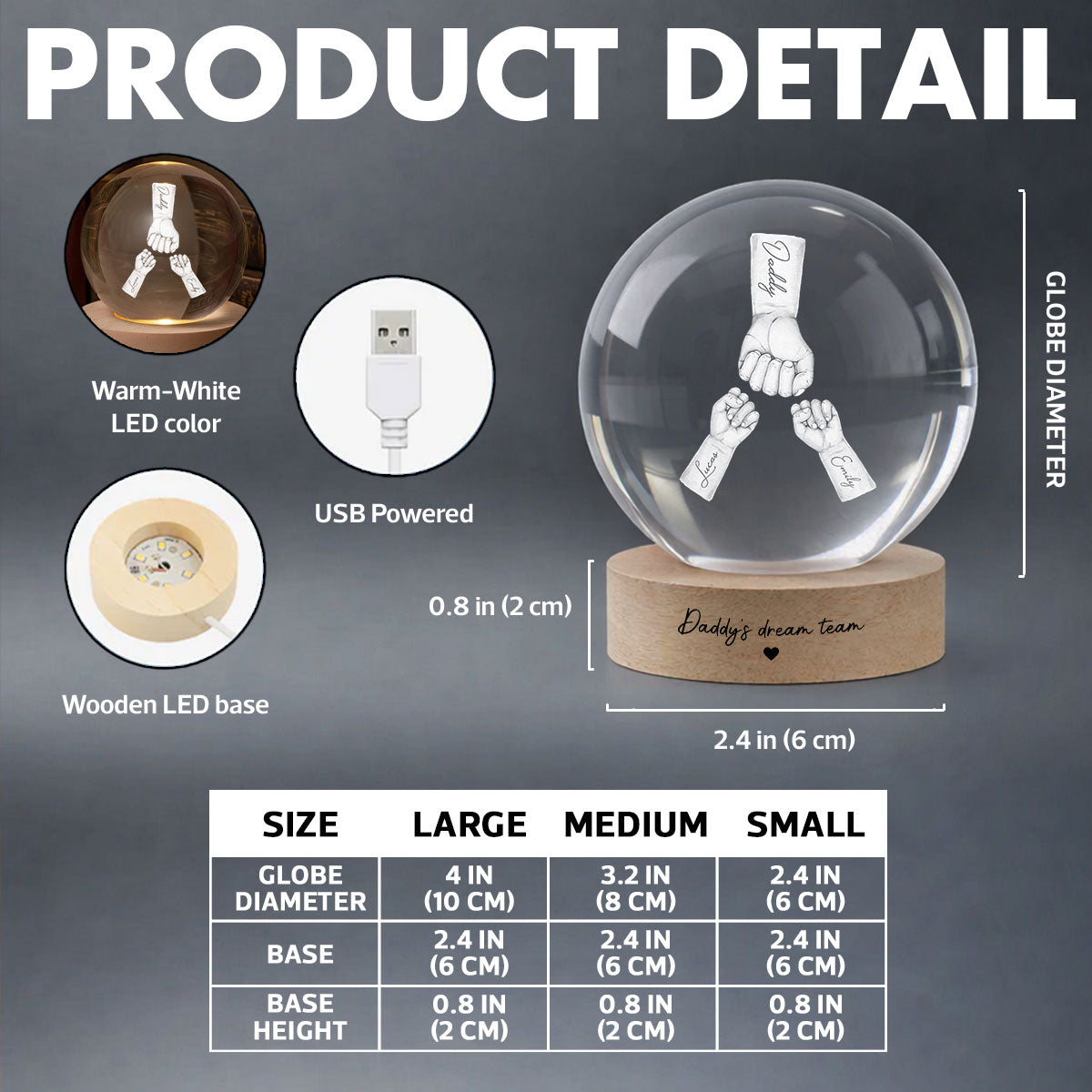 Daddy's Dream Team - Personalized Crystal Ball LED Night Light -  Gift for Dad, Husband