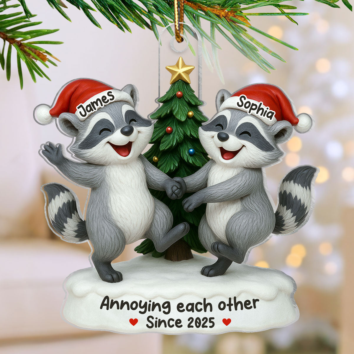 3D Effect Raccoon Couple Annoying Each Other - Personalized Acrylic Ornament - Funny Gift For Couple, Gag Gift
