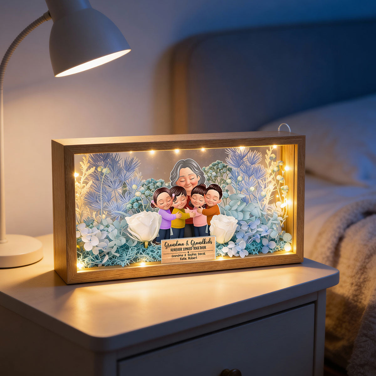 Grandma And Grandkids Forever Linked Together - Personalized DIY Flower Shadow Box LED Night Light - Gift For Grandma