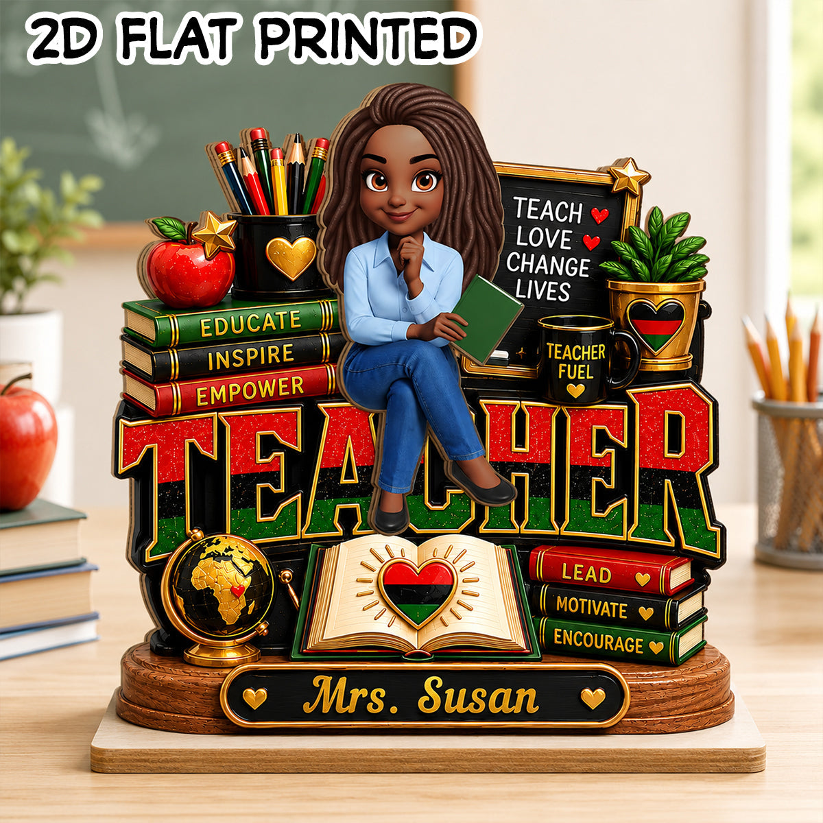 Teach Love Changes Life - Personalized 2-Layered Wooden Plaque - African American Teacher Appreciation Gift