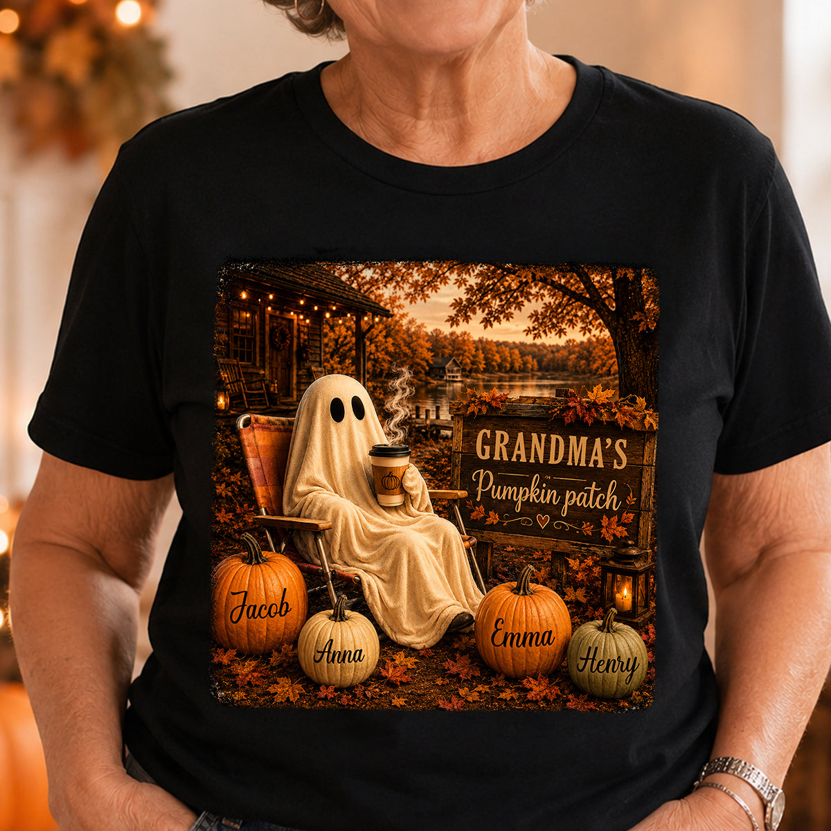 Grandma's Pumpkin Patch Ghost Fall Vibe - Personalized Shirt - Cozy Fall Gift for Grandma