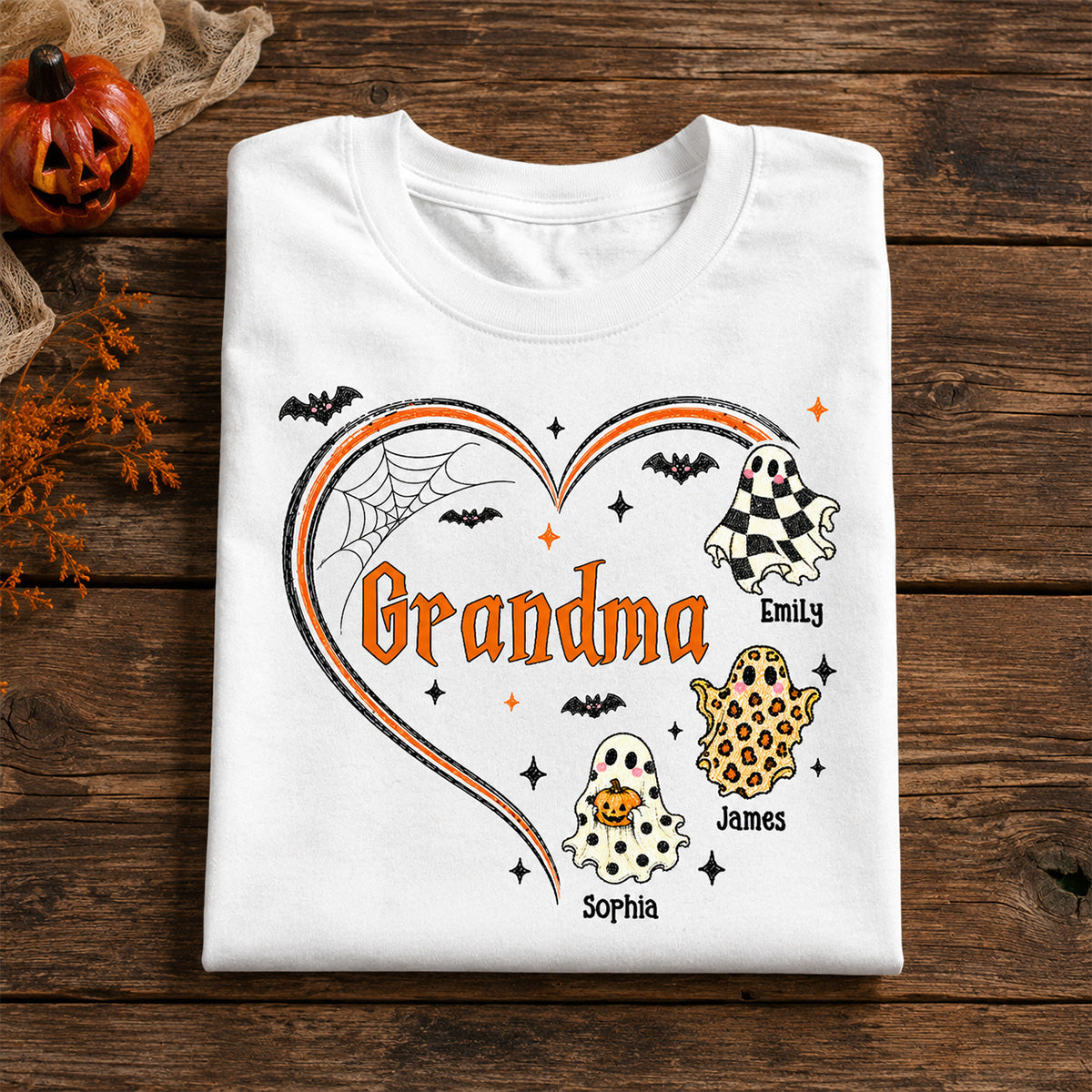 Grandma's Boo Crew Heart Checkered Leopard Polka Dot Ghosts - Personalized Shirt - Perfect Halloween Costume for Grandma