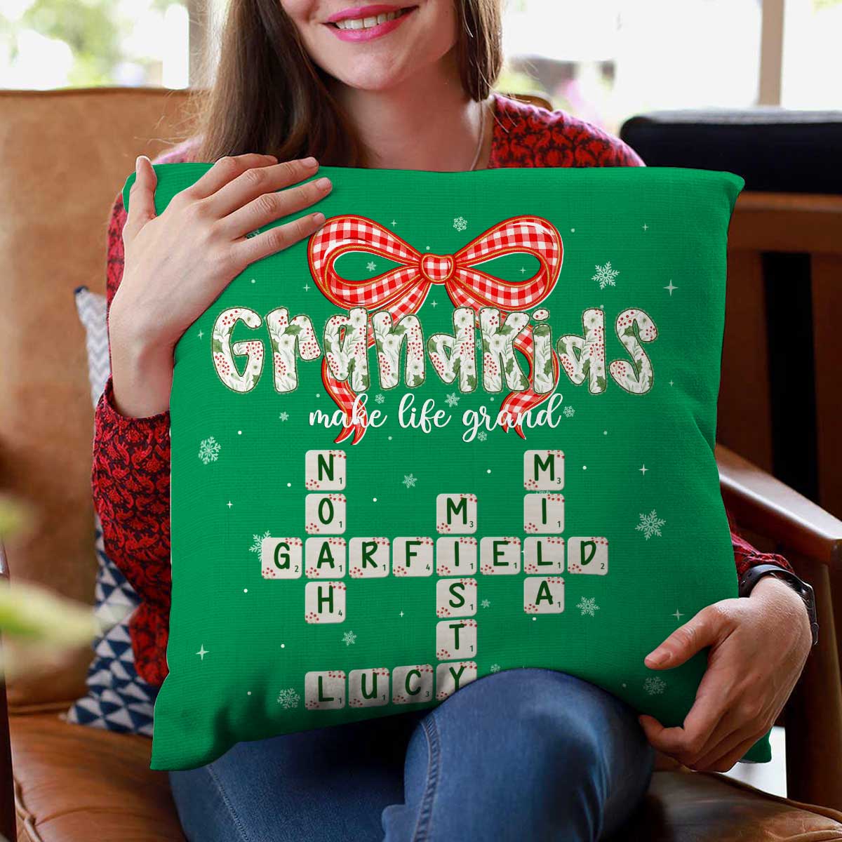 Grandkids Make Life Grand Coquette Floral Christmas Pattern Crossword Puzzle Art - Personalized Pillow