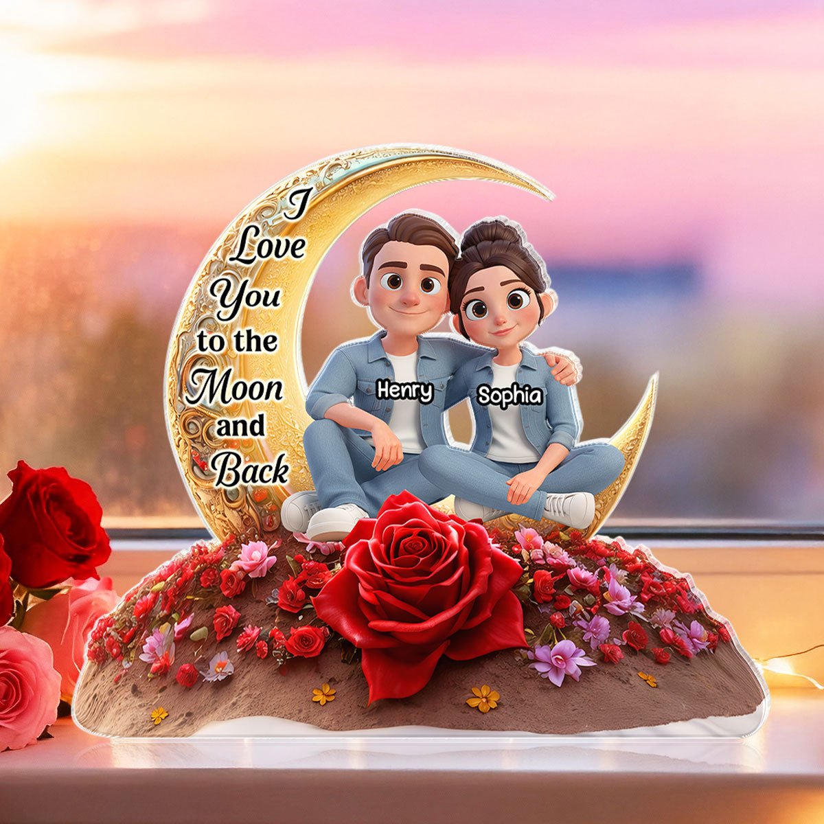 I Love You To The Moon And Back Moon Rose - Personalized Acrylic Block Plaque - Anniversary, Valentine's Day Gift, Gift For Him, Gift For Her