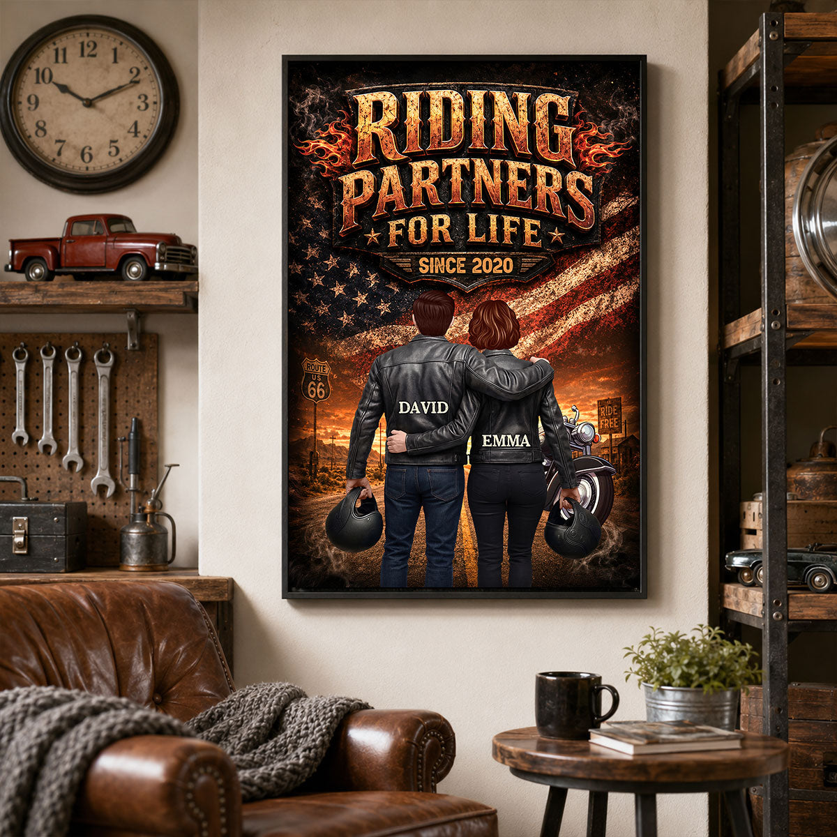Bikers Couple Riding Partners for Life Nation Flag - Personalized Poster - Heartfelt Gift for Him, for Her