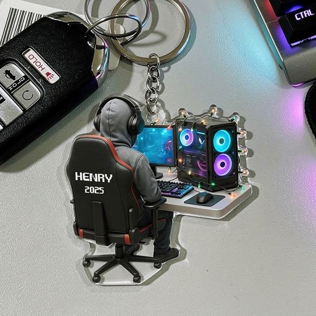 Custom Gamer Name PC Set Up - Personalized Acrylic Keychain - Custom Name Keyrings, Name Tag for Backpacks, Bottles