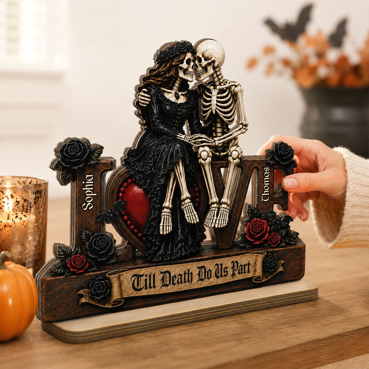 Skeleton Couple Eternal LOVE 2D Flat - Personalized 2-Layered Wooden Plaque - Halloween Decor For Couple