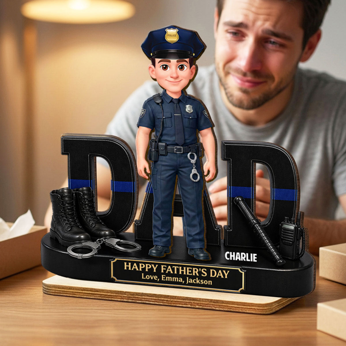 Proud American Police Officer Dad - Personalized 2-Layered Wooden Plaque -  Gift For Dad