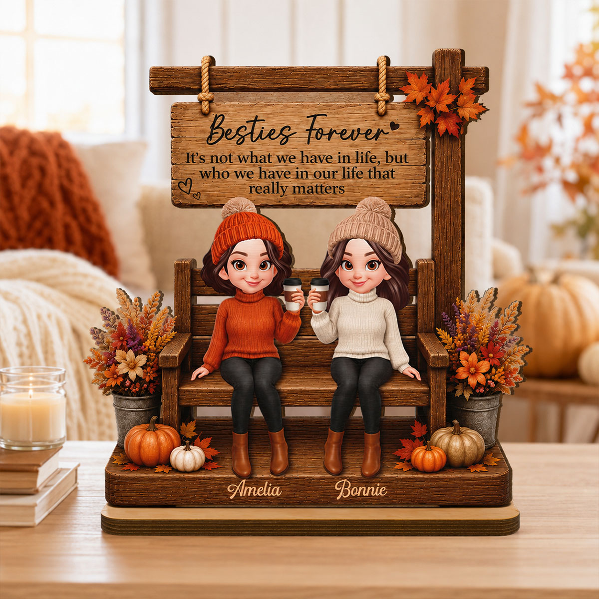 Fall Season Besties Under Sign Post 2D Flat - Personalized Wooden Plaque