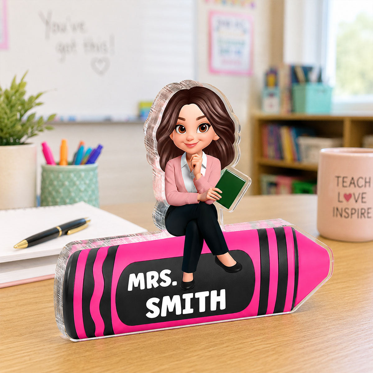 Teacher Sitting On Beautiful Crayon - Personalized Acrylic Block Plaque - Back To School Gift For Teacher, Classroom Decor