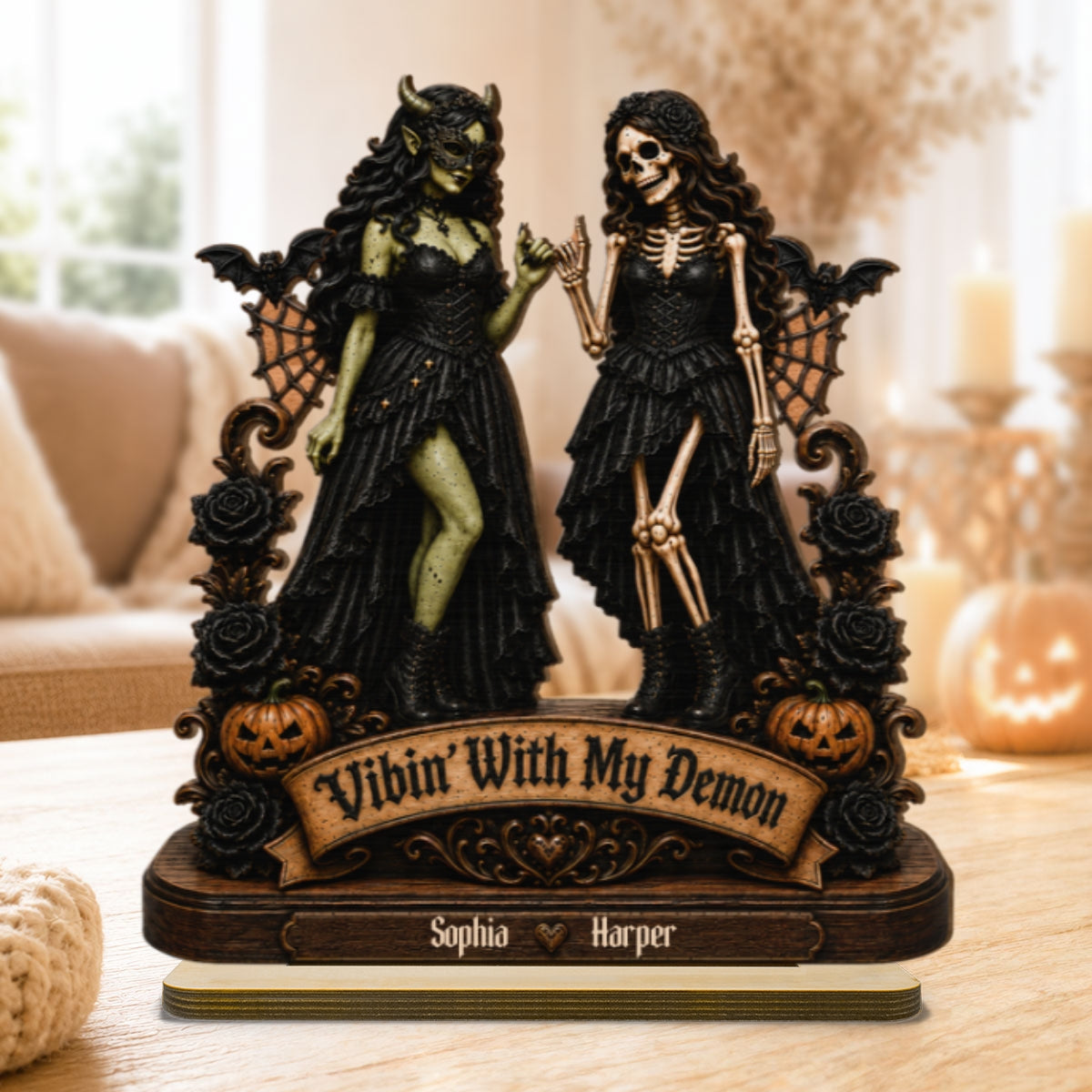 Vibin' With My Demon 2D Flat - Personalized Wooden Plaque - Halloween Decoration, Friendship Keepsake
