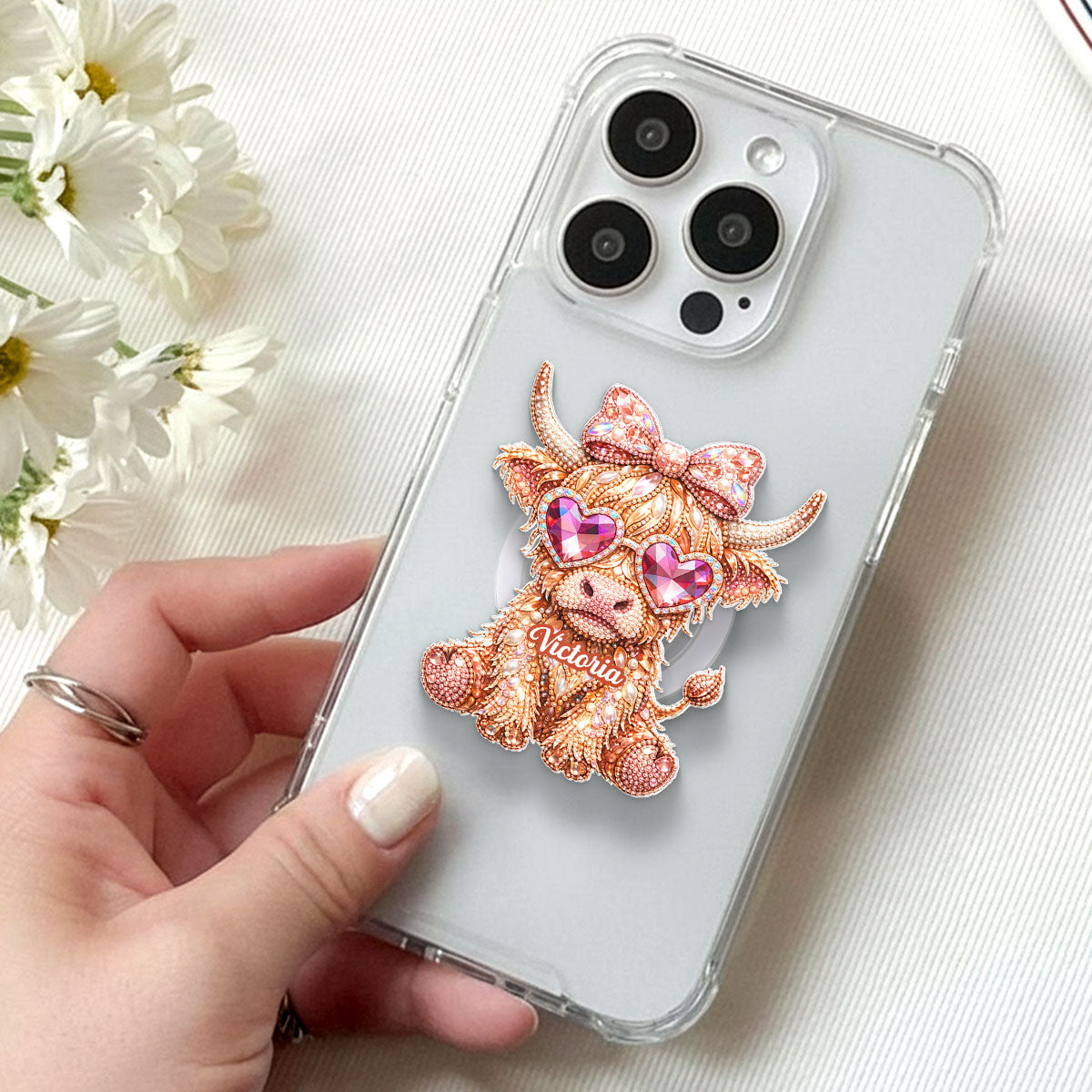 3D Effect Highland Cow - Personalized Acrylic Magnetic Phone Grip - Anniversary, Valentine's Day Gift, Gift For Her