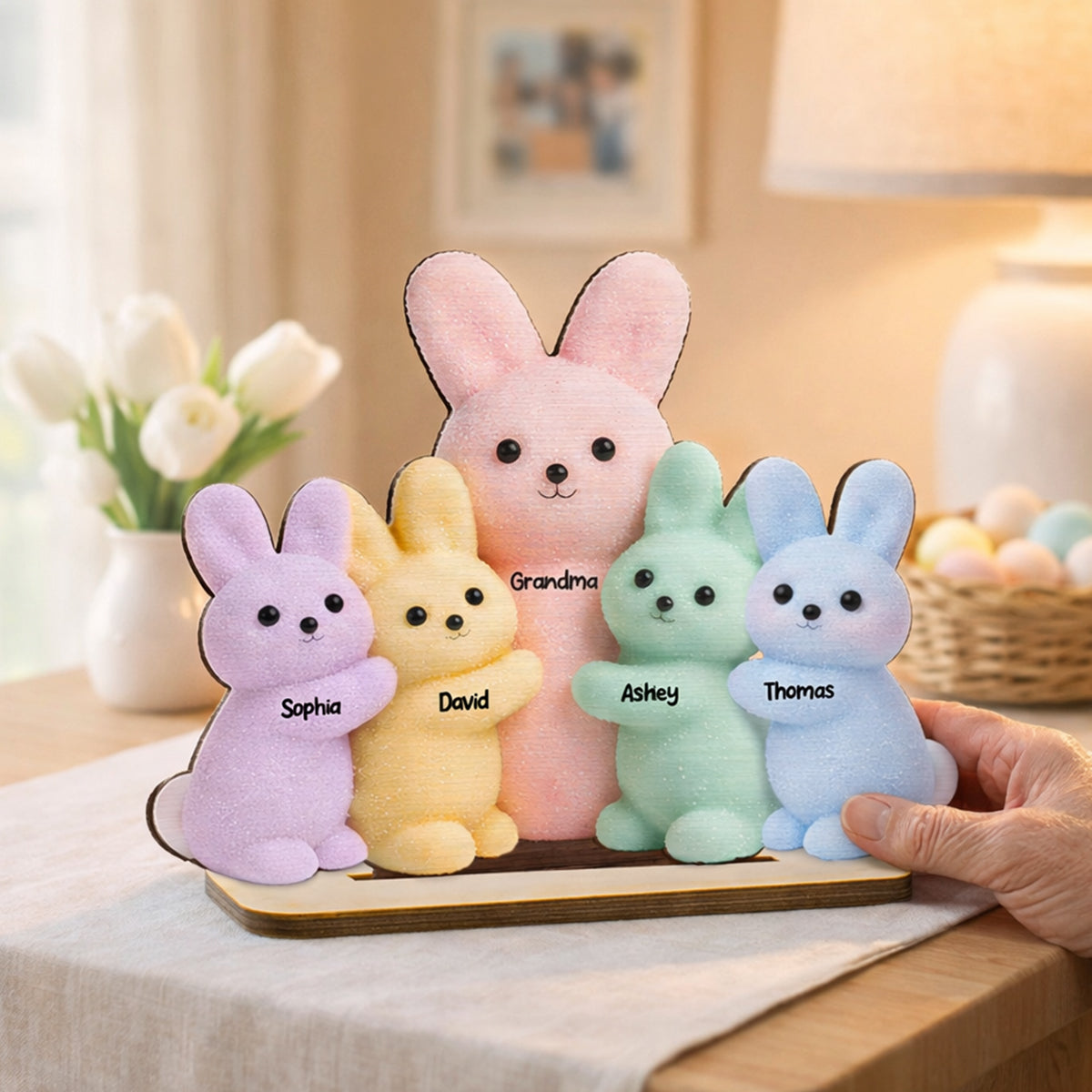 Grandma and Grandkids Bunnies - Personalized 2-Layered Wooden Plaque - Easter Decor Gift for Grandma, Mom