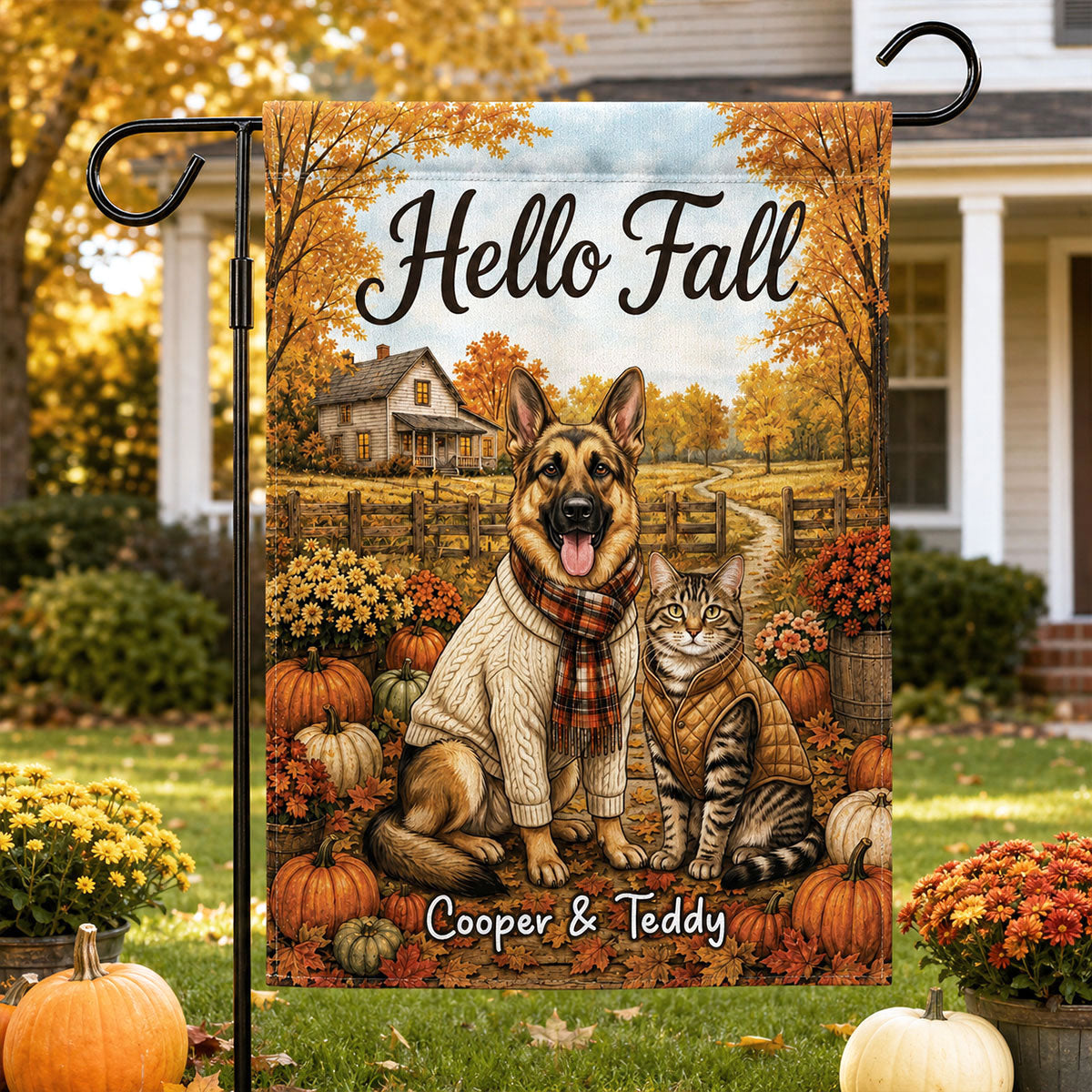 Vintage Dog Cat Hello Fall Photo Upload - Personalized Garden Flag - Fall Season Gift For Dog Mom, Cat Mom