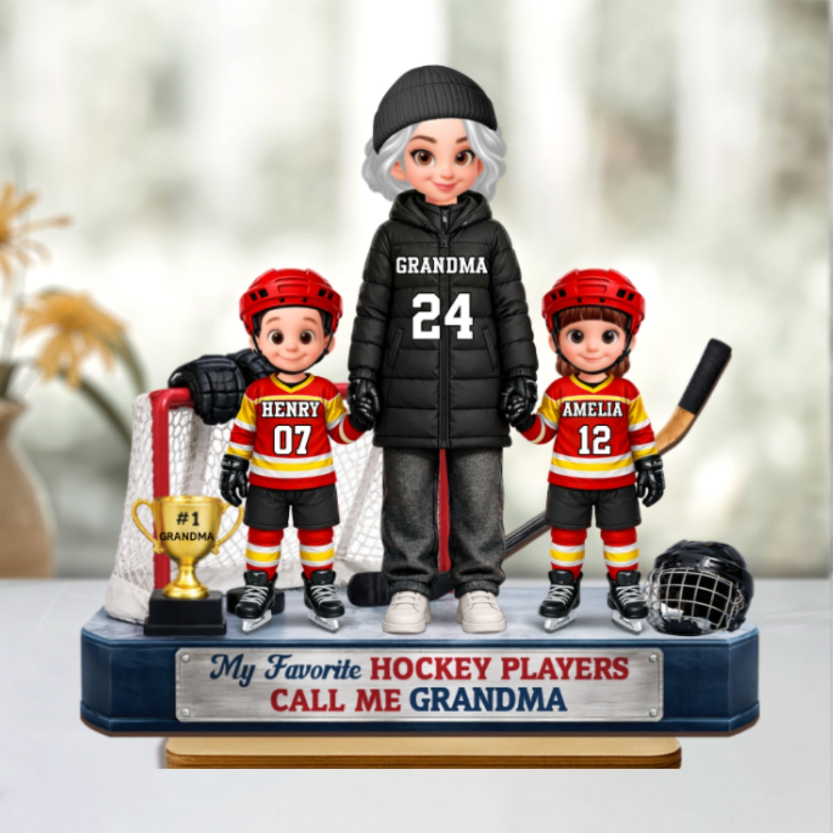 Grandma Hockey And Kids Together - Personalized 2-Layered Wooden Plaque - Heartfelt Gift For Grandma