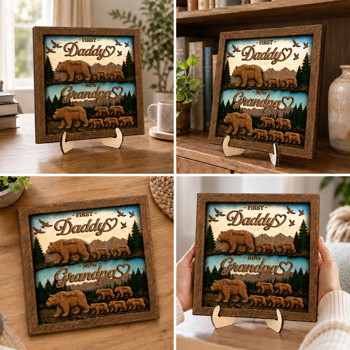First Dad Now Grandpa Bear with Kids Name - Personalized 2-Layered Wooden Plaque
