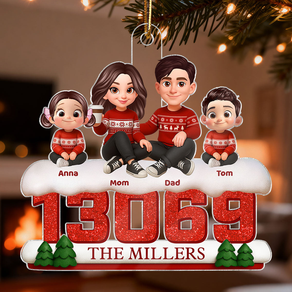 3D Effect Cartoon Family Sitting On Snow Zip Code - Personalized Acrylic Ornament