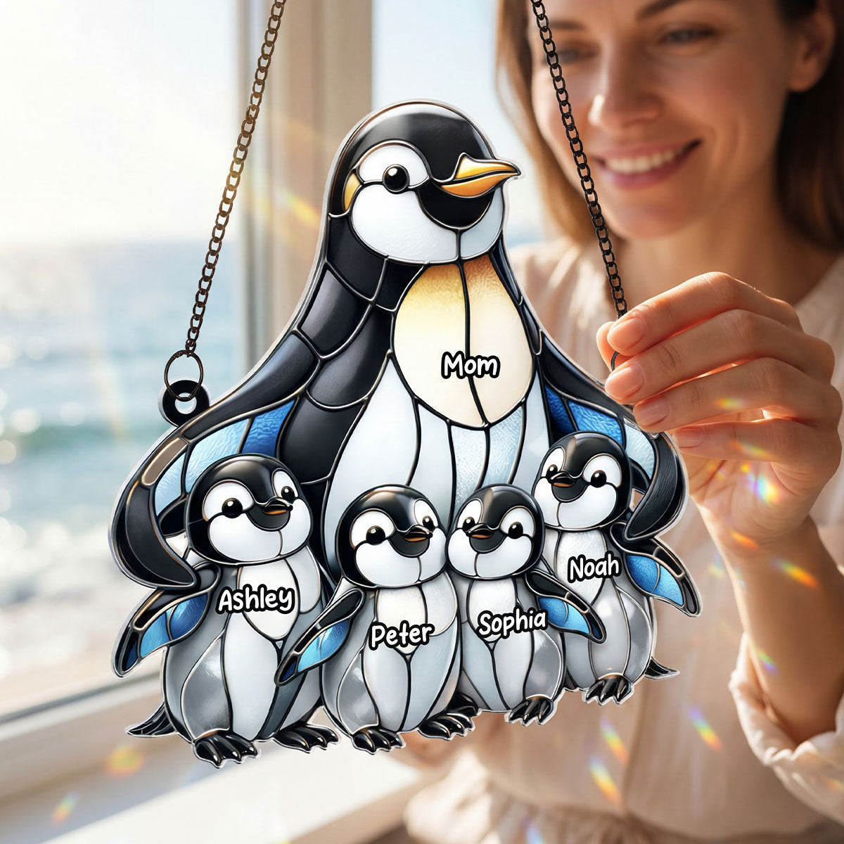 Penguin Mom and Kids - Personalized Acrylic Suncatcher - Mother's Day Gift for Mom, Wife