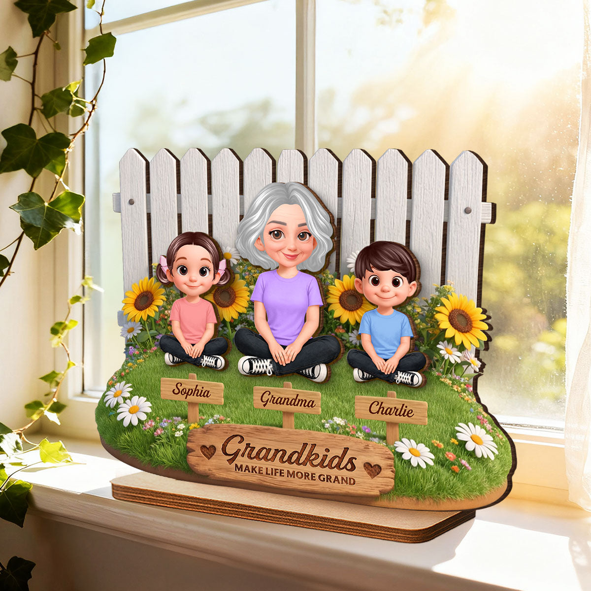 Together by the Fence Grandma Grandkids - Personalized 2-Layered Wooden Plaque - Gift For Grandma