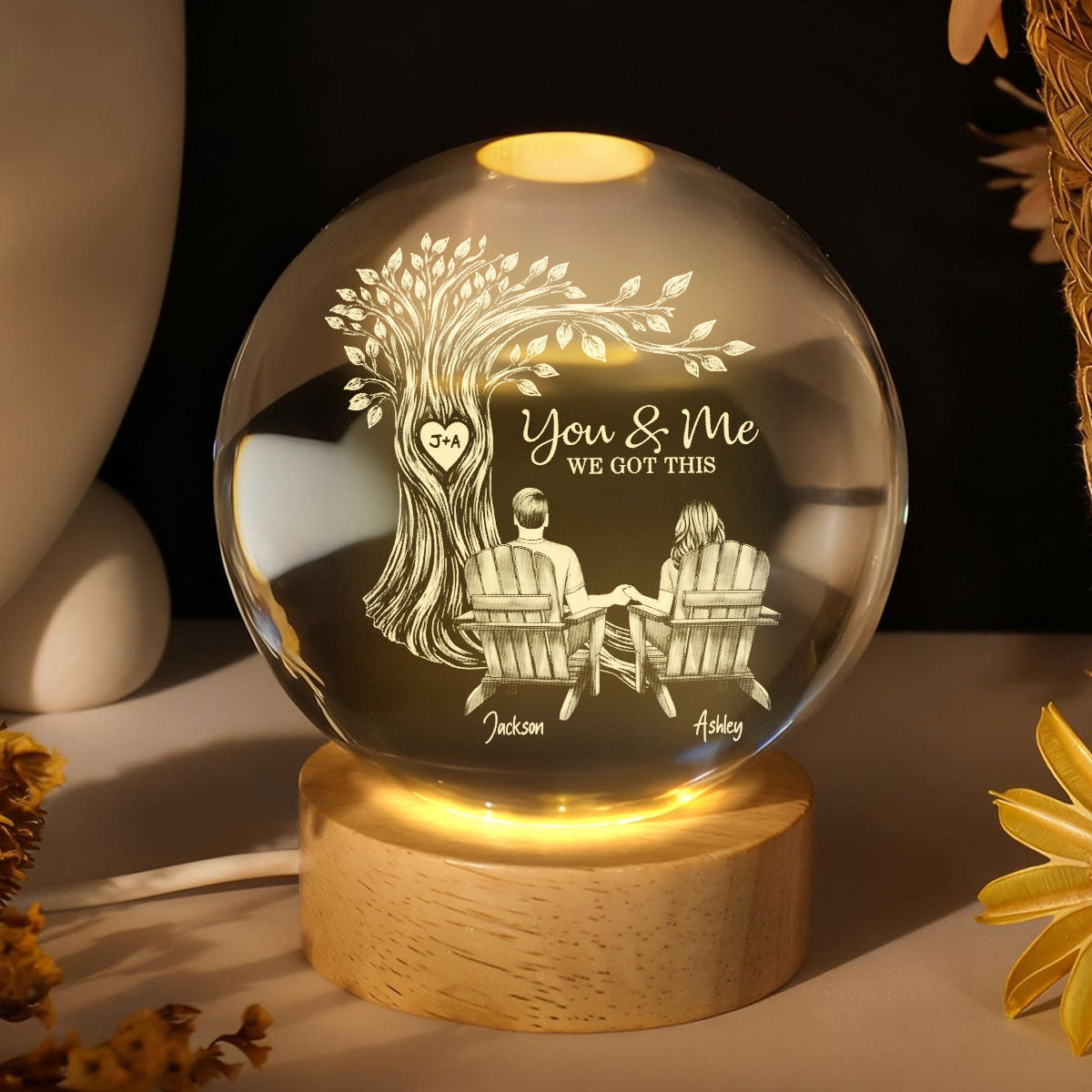 Eternal Love Couple Under Heart Carved Tree - Personalized Crystal Ball LED Night Light - Valentine's Day Gift For Couple