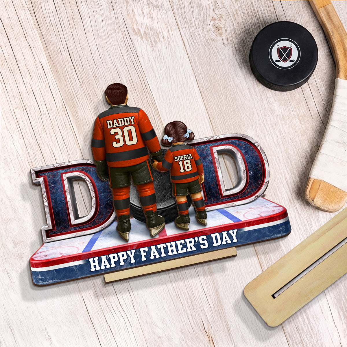 Hockey Dad And Kids Together - Personalized 2-Layered Wooden Plaque - Heartfelt Gift For Hockey Dad, Gift For Husband