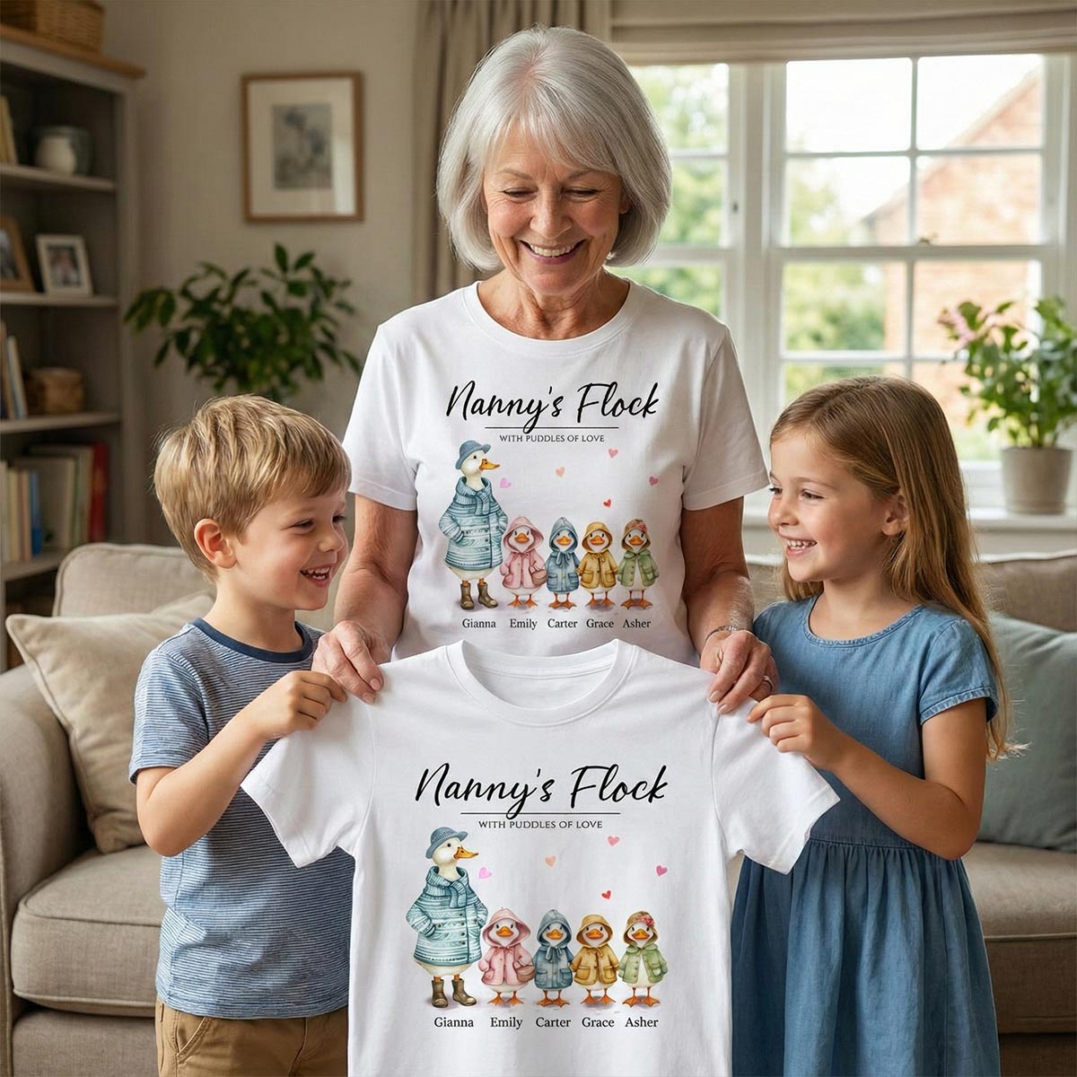 Nanny's Flock Gift For Grandma Nana Grammy Cute Watercolor Ducks Personalised Shirt, Mother's Day Gift
