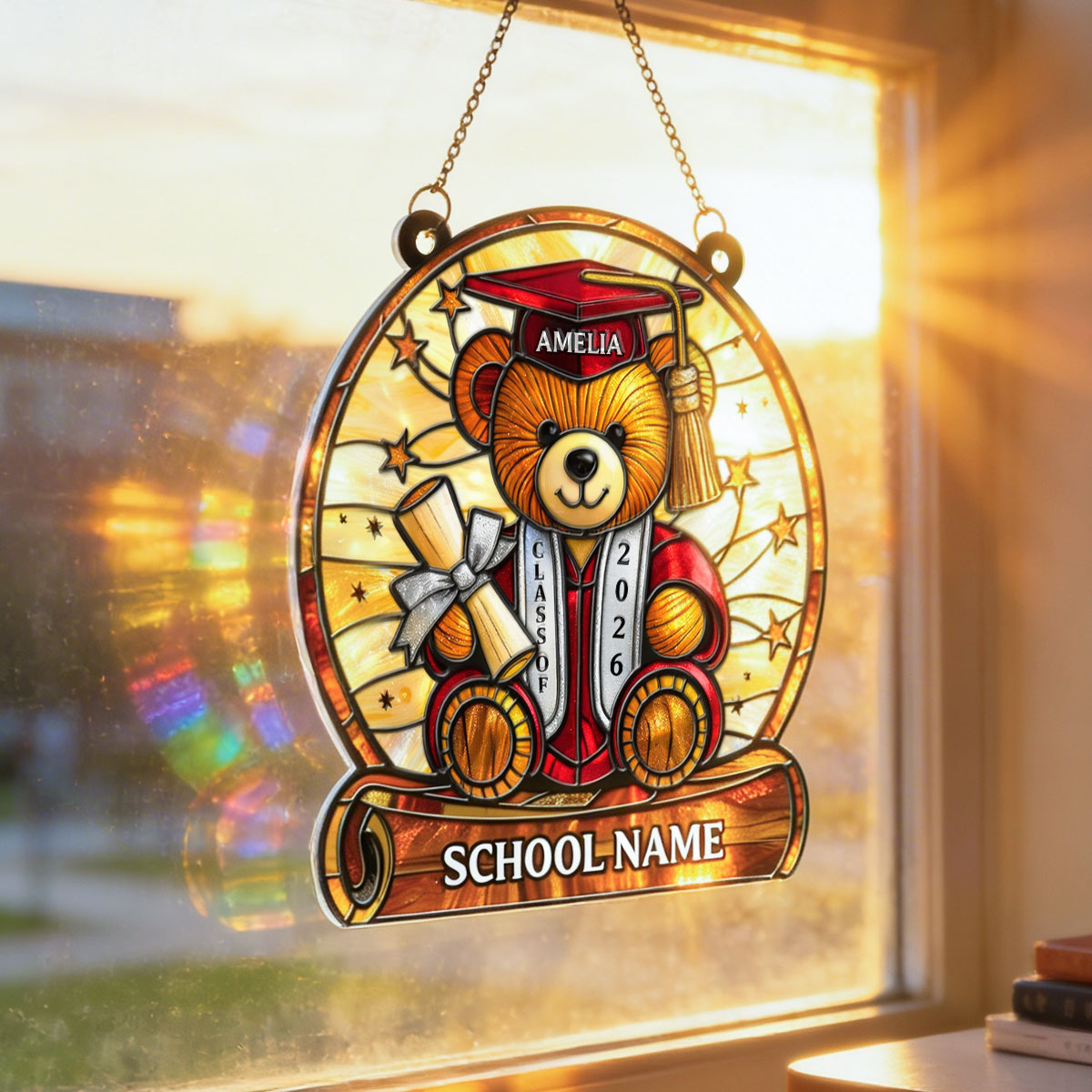 Graduation Teddy Bear With Diploma And Cap - Personalized Suncatcher - Gift For Senior