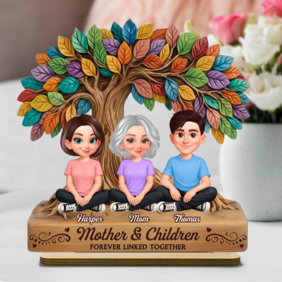 Mom And Son Daughter Under Colorful Tree Of Life - Personalized 2-Layered Wooden Plaque - Gift For Mom