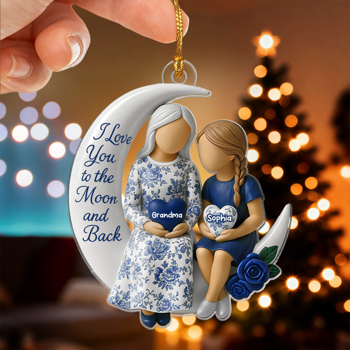 3D Effect Toile De Jouy Pattern Grandma Grandkid On Moon - Personalized Acrylic Ornament - Gift For Granddaughter