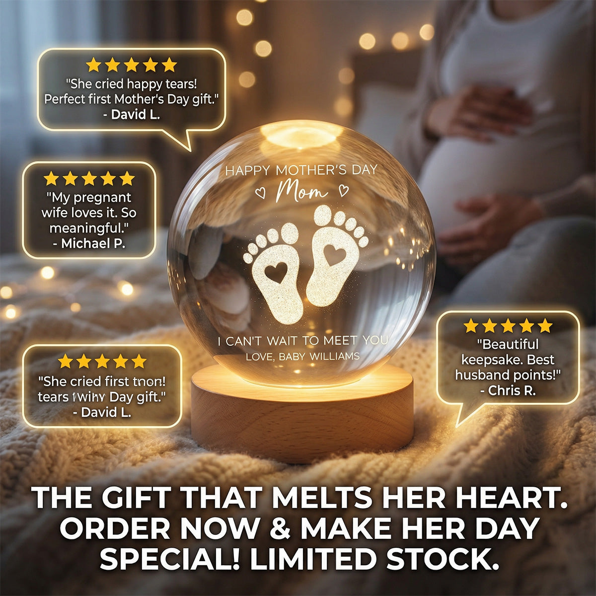 Happy Mother's Day From The Bump - Personalized Crystal Ball LED Night Light - First Mother's Day For Pregnancy Mom