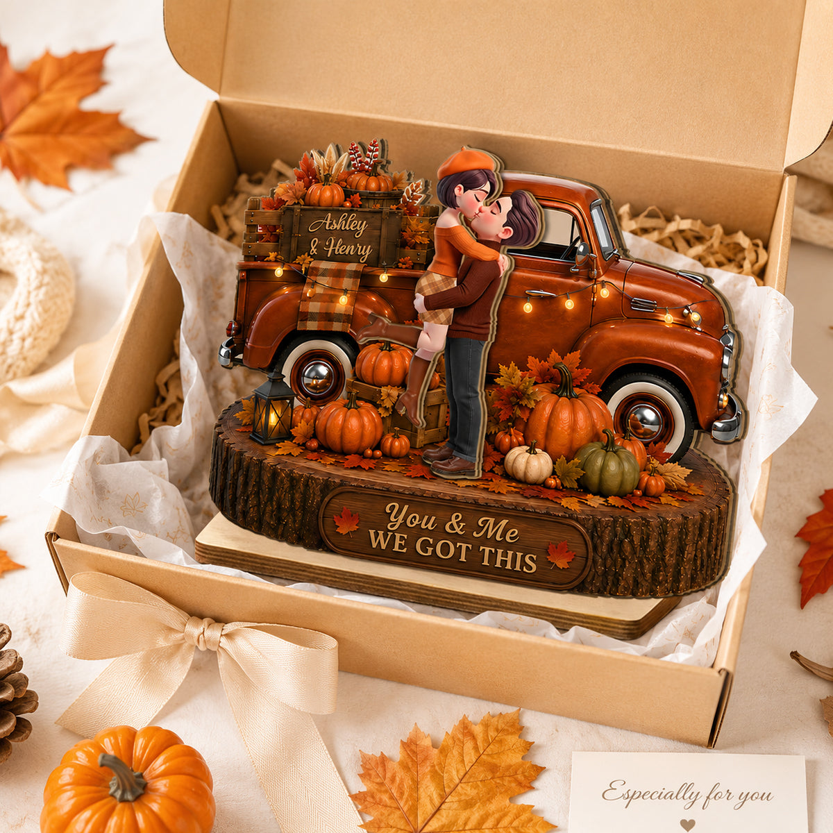 Fall Season Couple Pickup Truck - Personalized 2-Layered Wooden Plaque - Fall Season Decor Gift, Gift For Couple