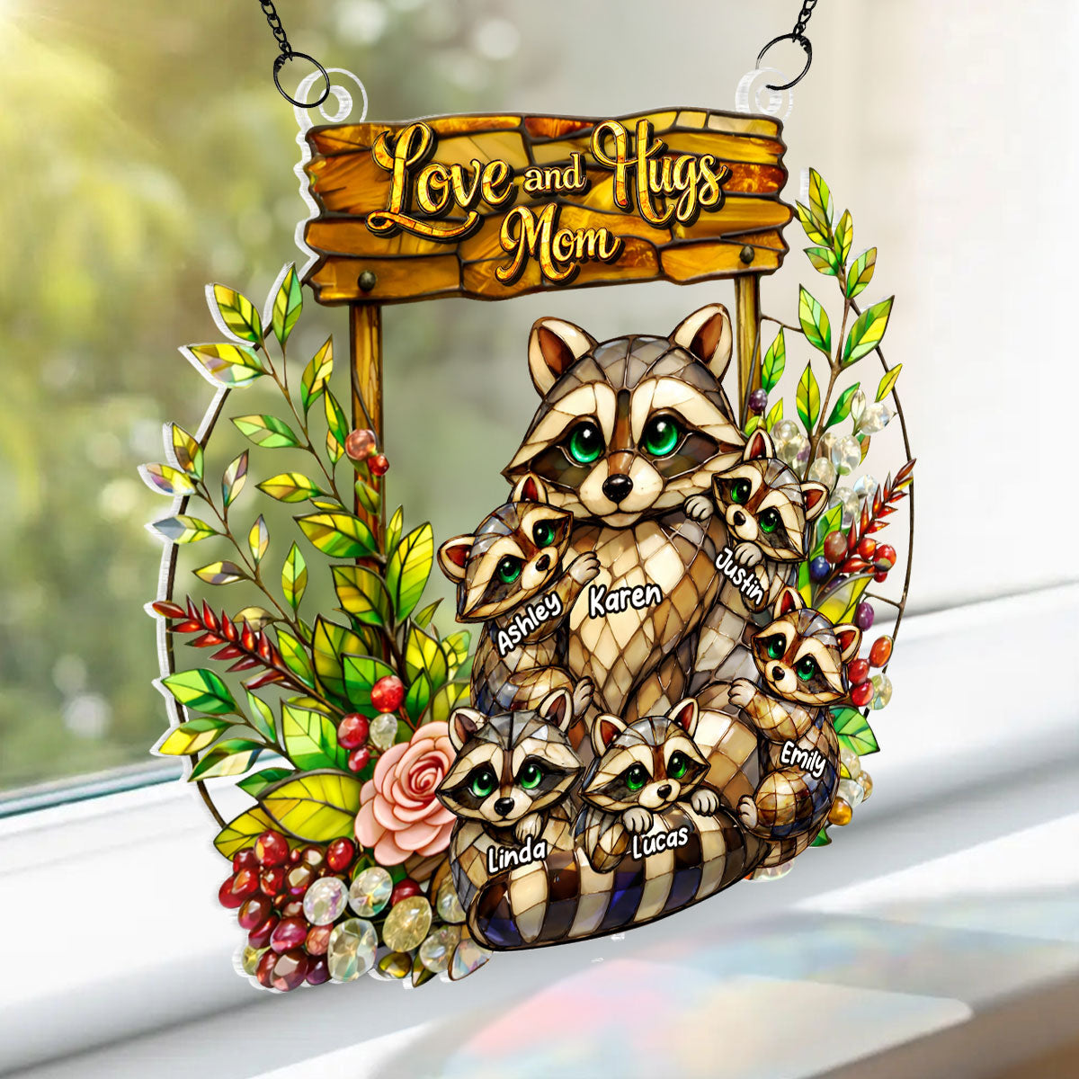 Raccoon Mom And Kids - Personalized Suncatcher - Gift For Mom, Grandma