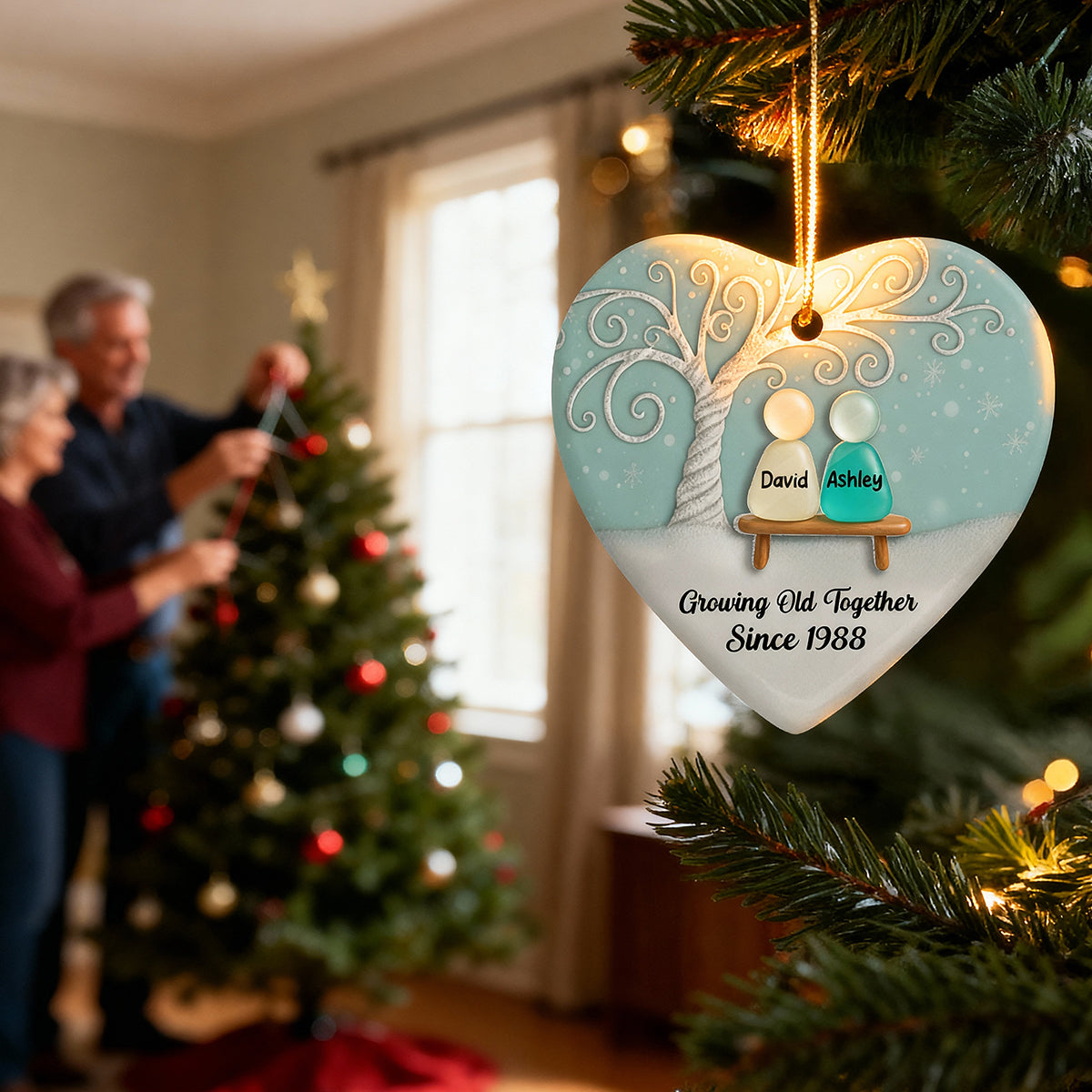 Growing Old Together Sea Glass Couple - Personalized Ceramic Ornament With Acrylic - Unique Gift for Couple, for Wife, for Husband