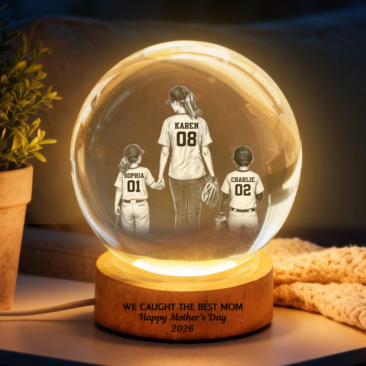 We Caught the Best Mom - Personalized Crystal Ball LED Night Light - Mother's Day Gift for Mom, Wife