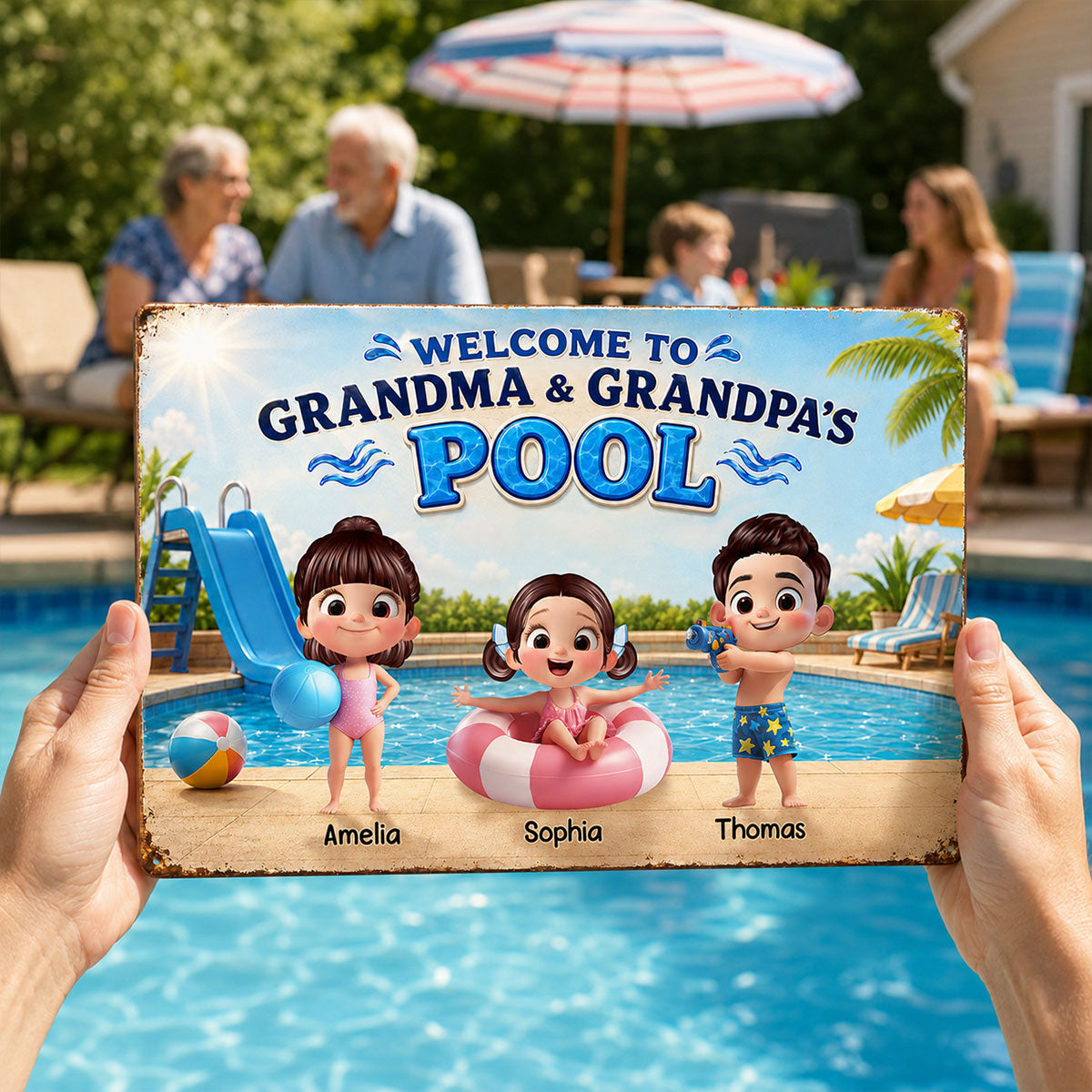 Welcome to Grandma Grandpa's Pool - Personalized Metal Sign - Summer Decor Gift for Grandparents
