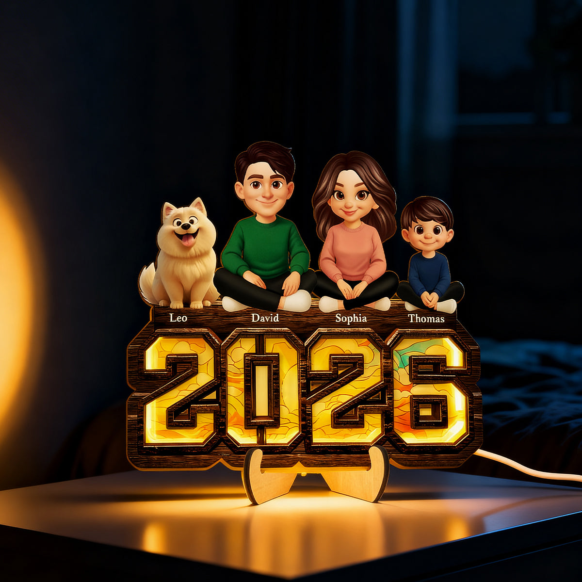 3D Effect Family And Dog Cat - Personalized Wooden Frame With LED - Heartfelt Gift For Mom, Dad